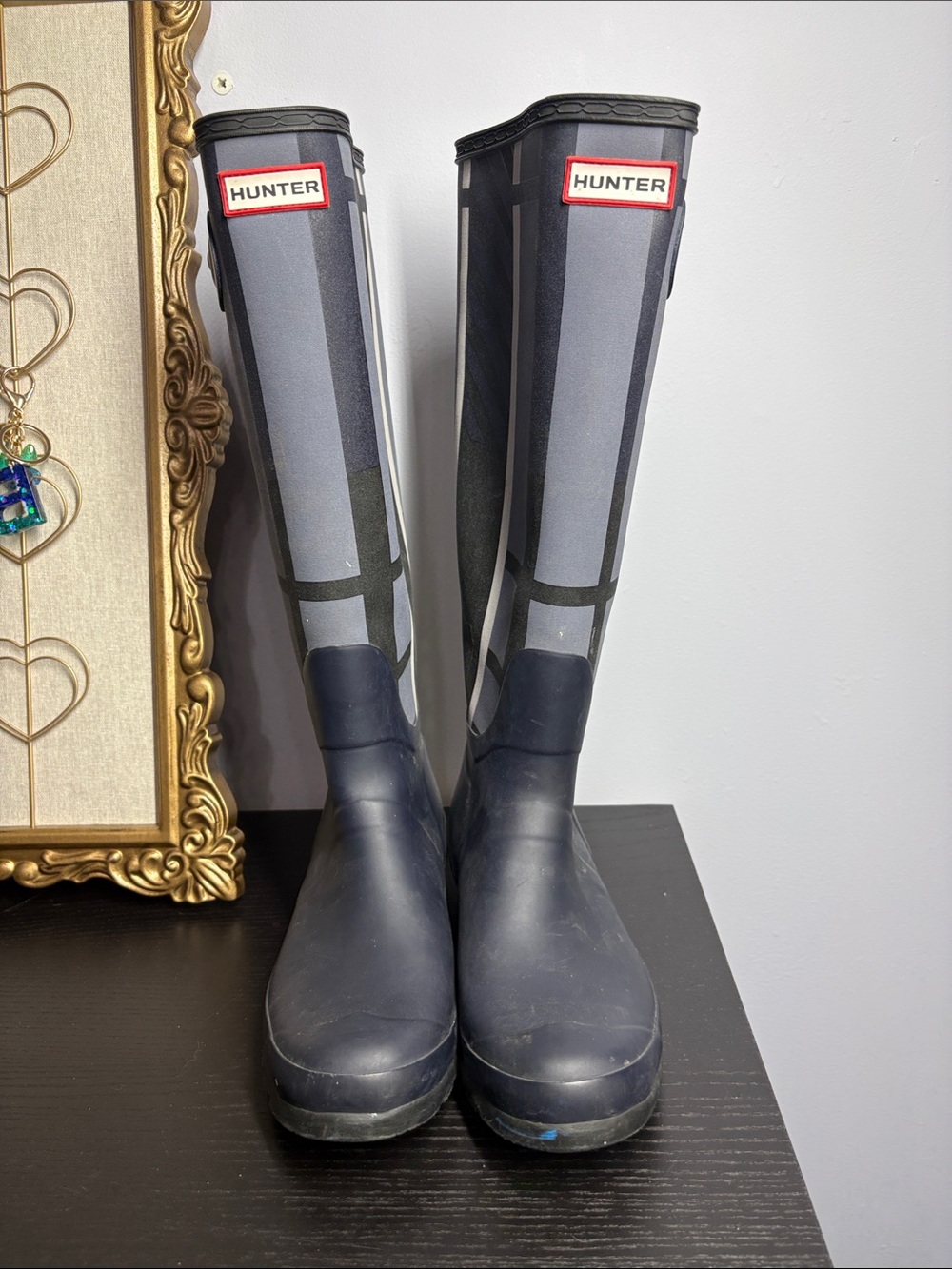 Hunter Gray and Navy Striped Tall Rain Boots with Red Logo Trim
